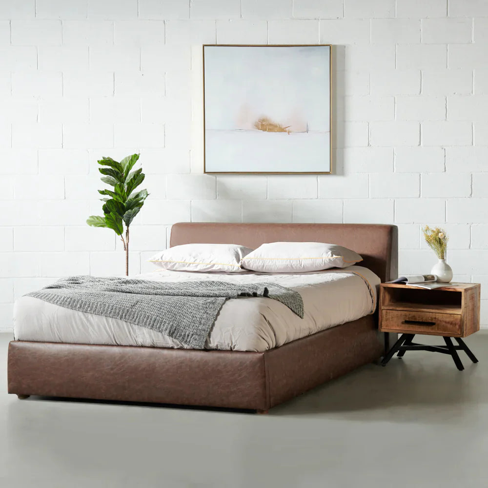 HARPER - Brown Vegan Leather Lift Up Storage Platform Bed - FINAL SALE