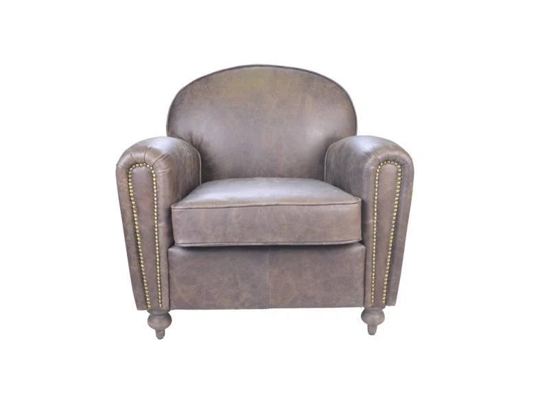 Antique European-Style Leather Living Room Chair with Rivet Accents