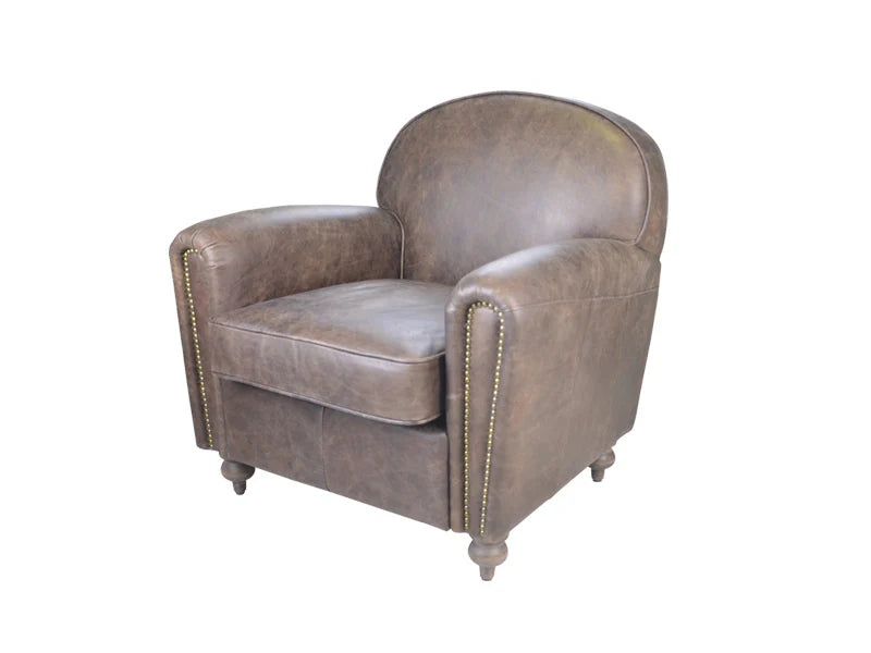 Antique European-Style Leather Living Room Chair with Rivet Accents