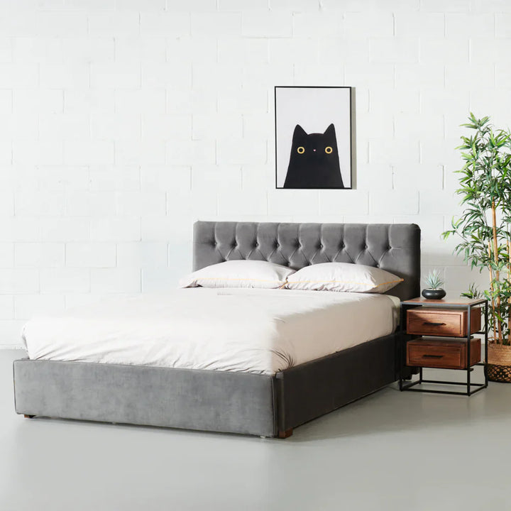 AMARA — Grey Fabric Bed with Storage