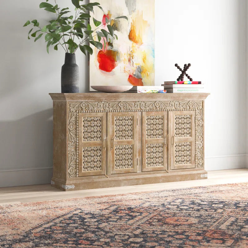 Solid Mango Wood CNC Work Sideboard Cabinet