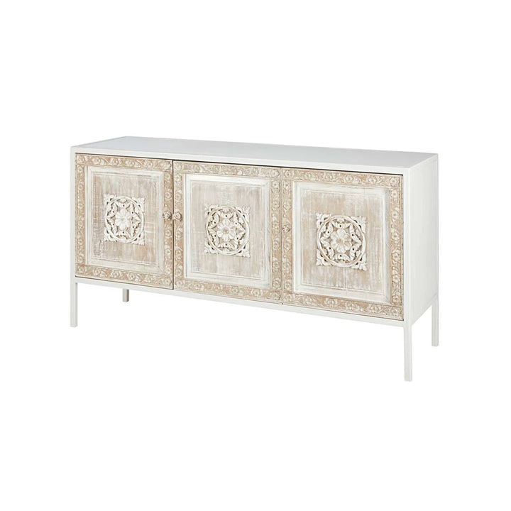 White Metal & Sculpted Mango Wood 3-Door Sideboard